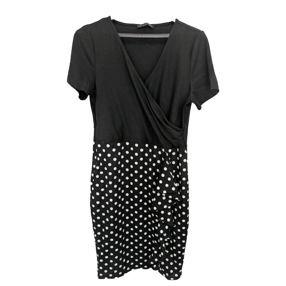 Womens Short Sleeve Dress Large Black White Dots Side Ruffle